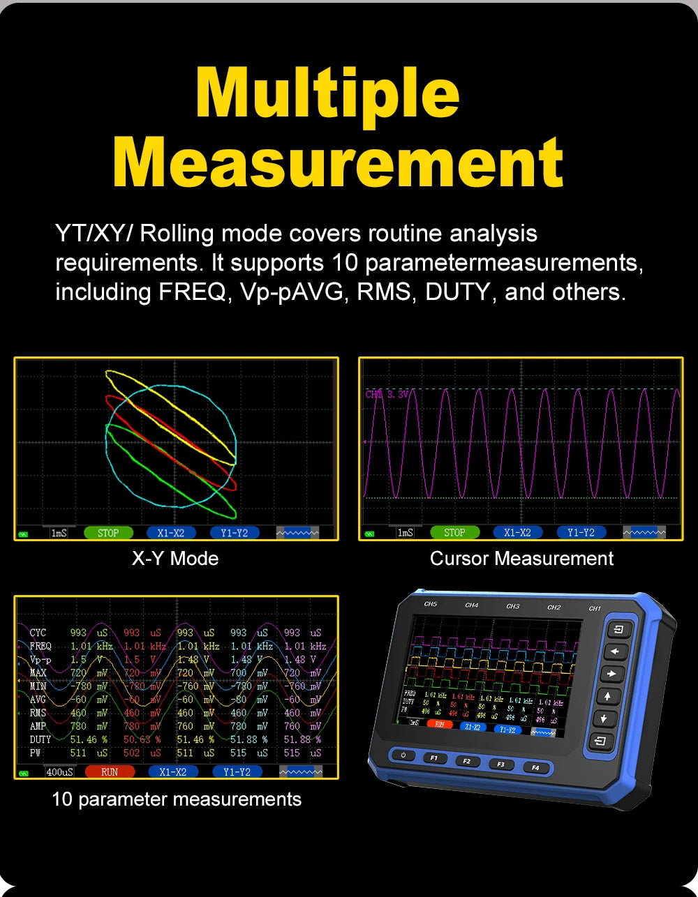 TOOLTOP 5 Channels Digital Oscilloscope 4.3-Inch WIFI & USB Connection 1MHz 3Msps Digital Oscilloscope Electrical Inspection