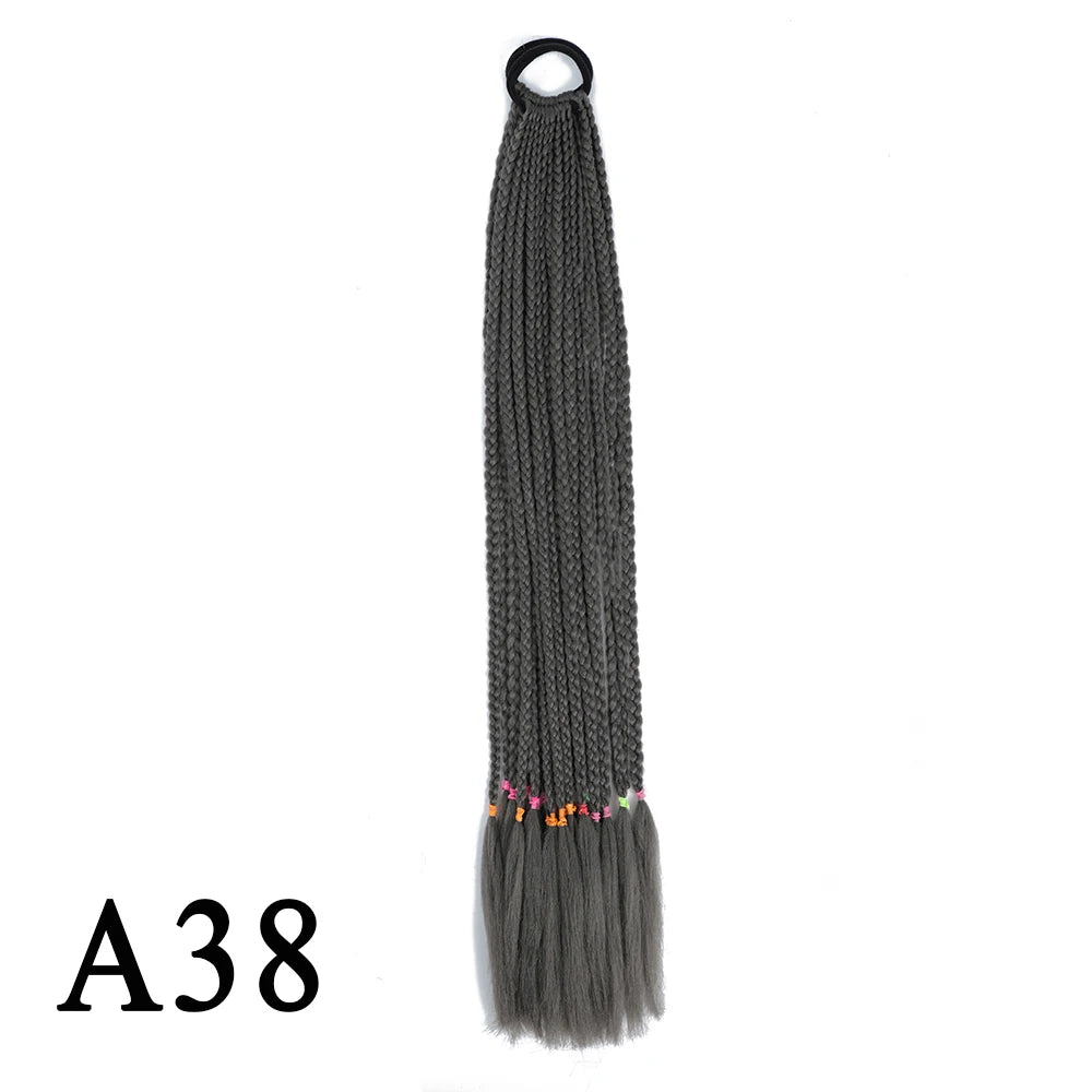 Synthetic 24 Inch Long Colored Box Braids Hair Ponytail With Rubber Bands Rainbow Twist Braided Highlights Ponytail For Women