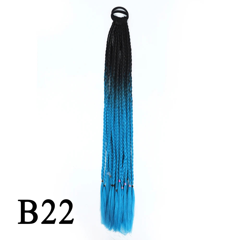 Synthetic 24 Inch Long Colored Box Braids Hair Ponytail With Rubber Bands Rainbow Twist Braided Highlights Ponytail For Women