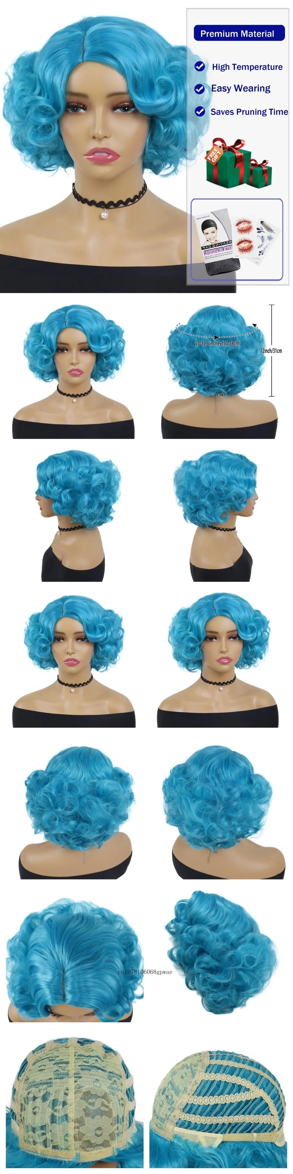 Synthetic Blue Wigs Cosplay Halloween Party Carnival Use Short Curly Wig for Women Natural Fluffy Hair Side Parting Hairstyle