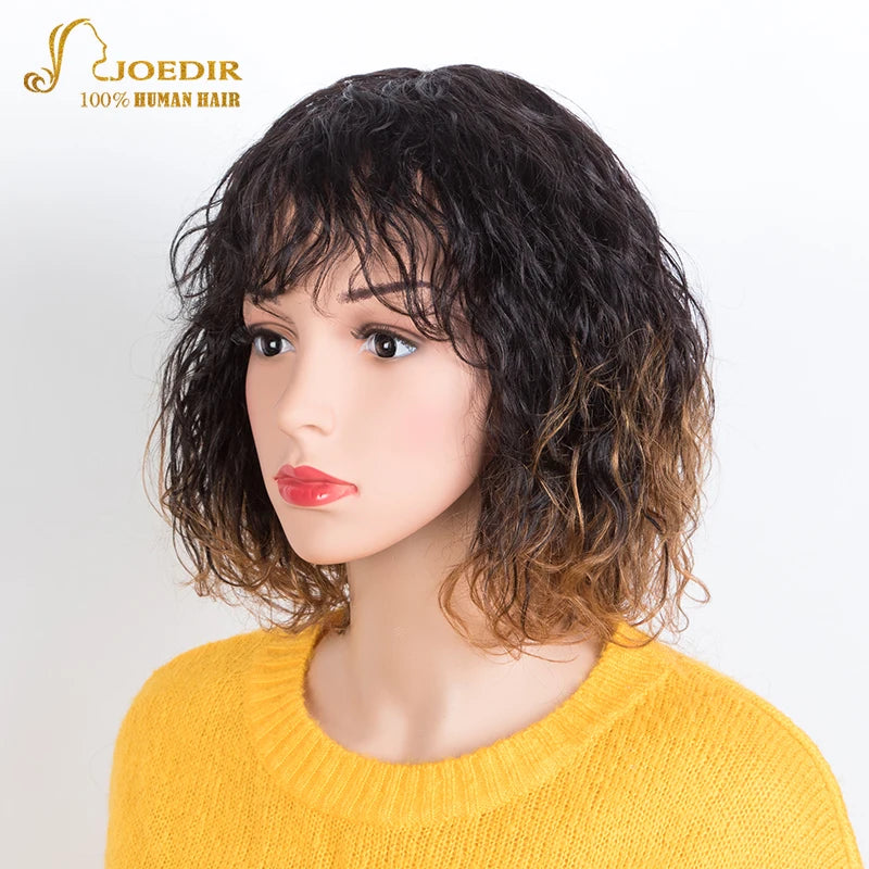 Joedir Short Human Hair Wigs For Women 100% Water Wave Remy Brazilian Hair Wigs With Bangs 10 Inch 150 Density Pixie Cut Wig