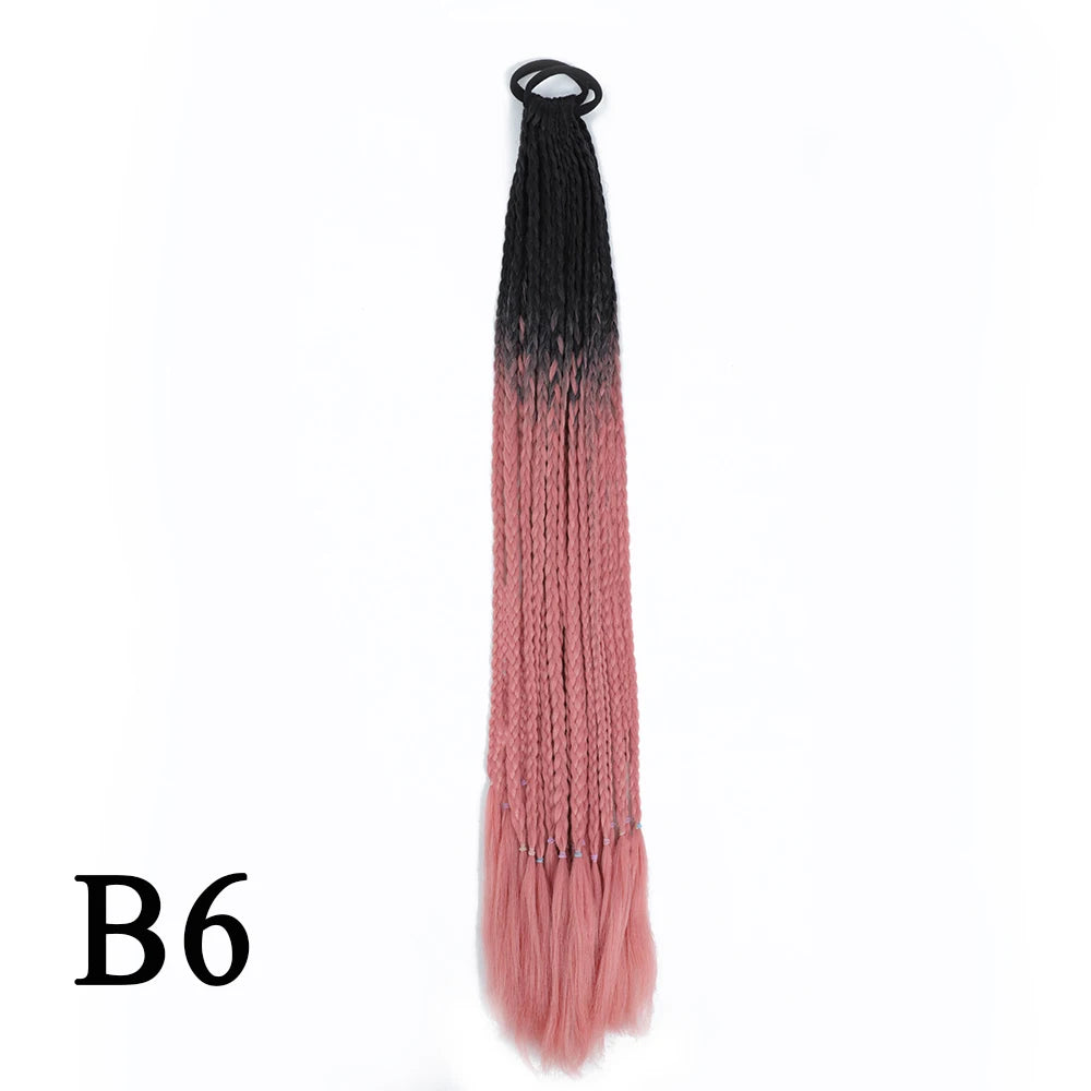 Synthetic 24 Inch Long Colored Box Braids Hair Ponytail With Rubber Bands Rainbow Twist Braided Highlights Ponytail For Women