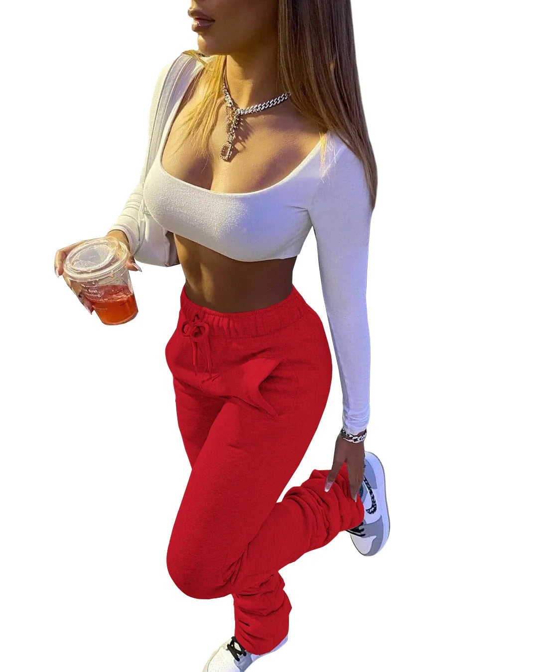 XS-3XL Size Stacked Sweat Pants Fall Winter Womens Mid Waist Thick Stacked Fleece Pants Joggers Long Trousers Sweatpants