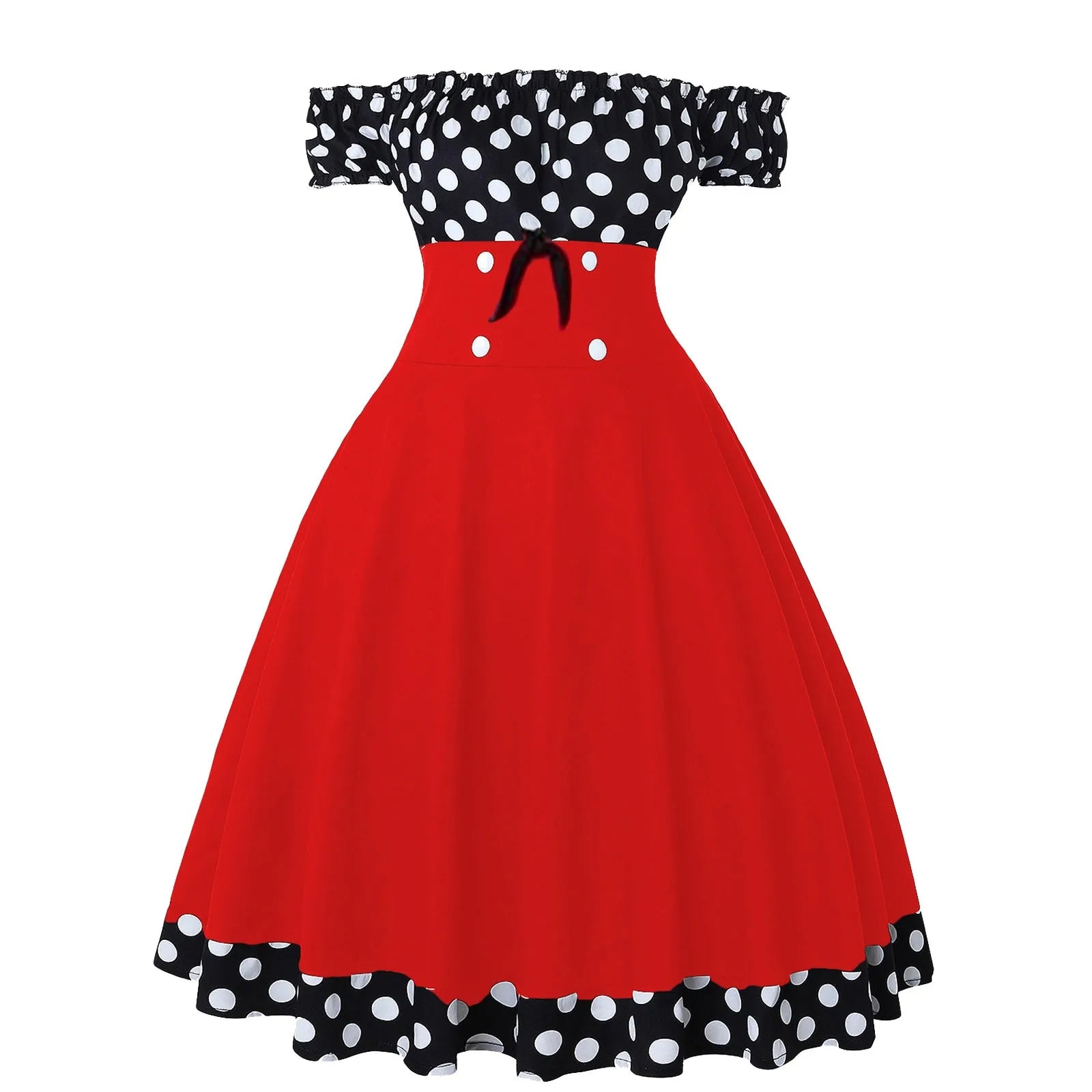 Elegant Vintage Hepburn Dress Women Black Red Off Shoulder Sleeveless A-Line Dress Female Retro Rockabilly 50s Polka Dot Dress