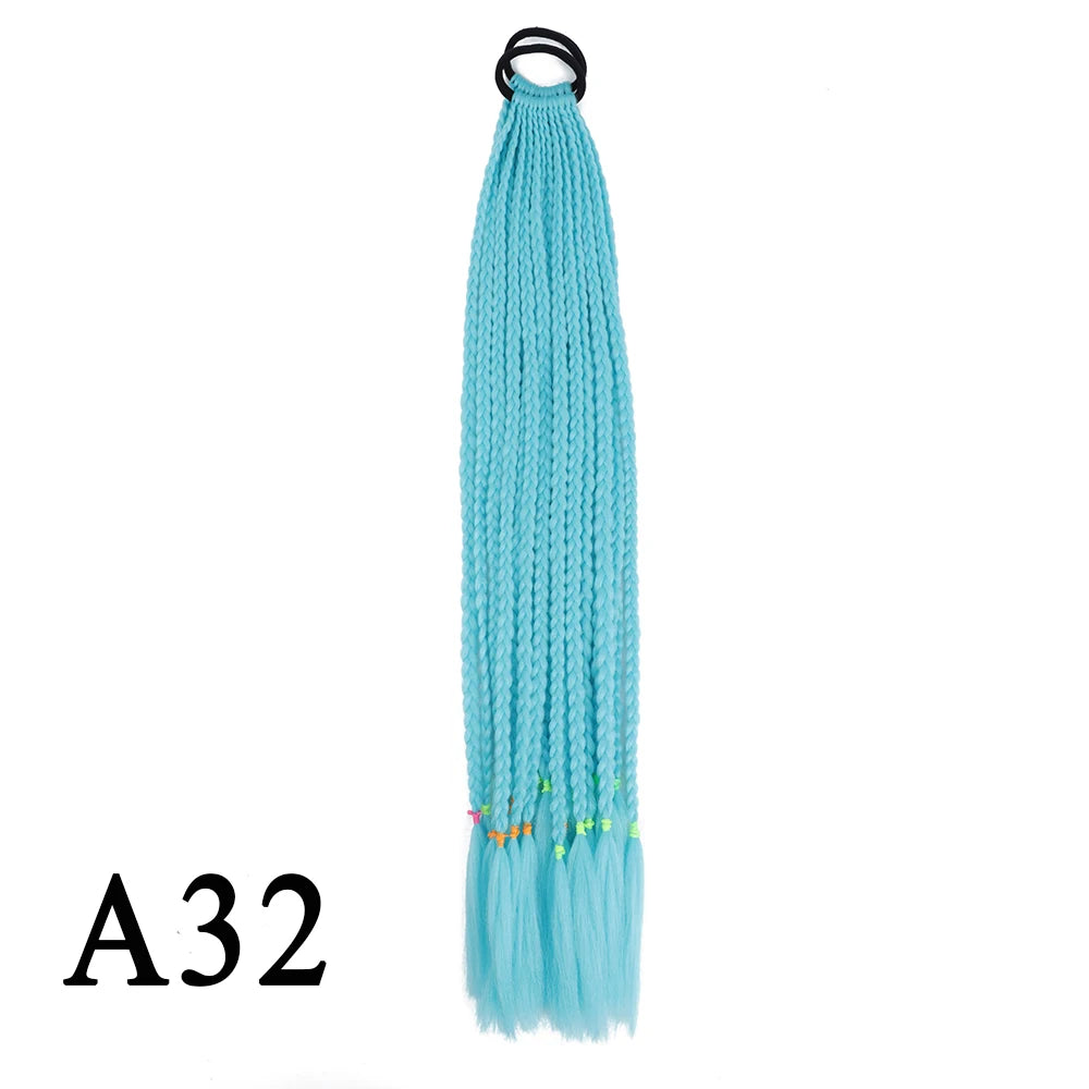 Synthetic 24 Inch Long Colored Box Braids Hair Ponytail With Rubber Bands Rainbow Twist Braided Highlights Ponytail For Women