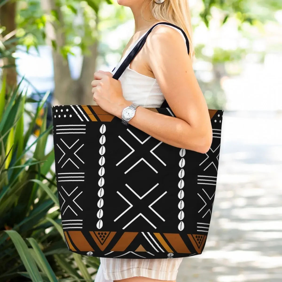 Bolsa de compras con diseño de bogolan de tela de barro africano, bolsa de lona para el hombro, bolsas de compras duraderas con arte geométrico tribal