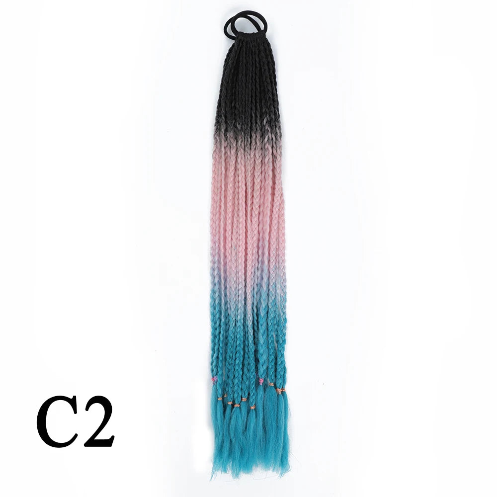 Synthetic 24 Inch Long Colored Box Braids Hair Ponytail With Rubber Bands Rainbow Twist Braided Highlights Ponytail For Women