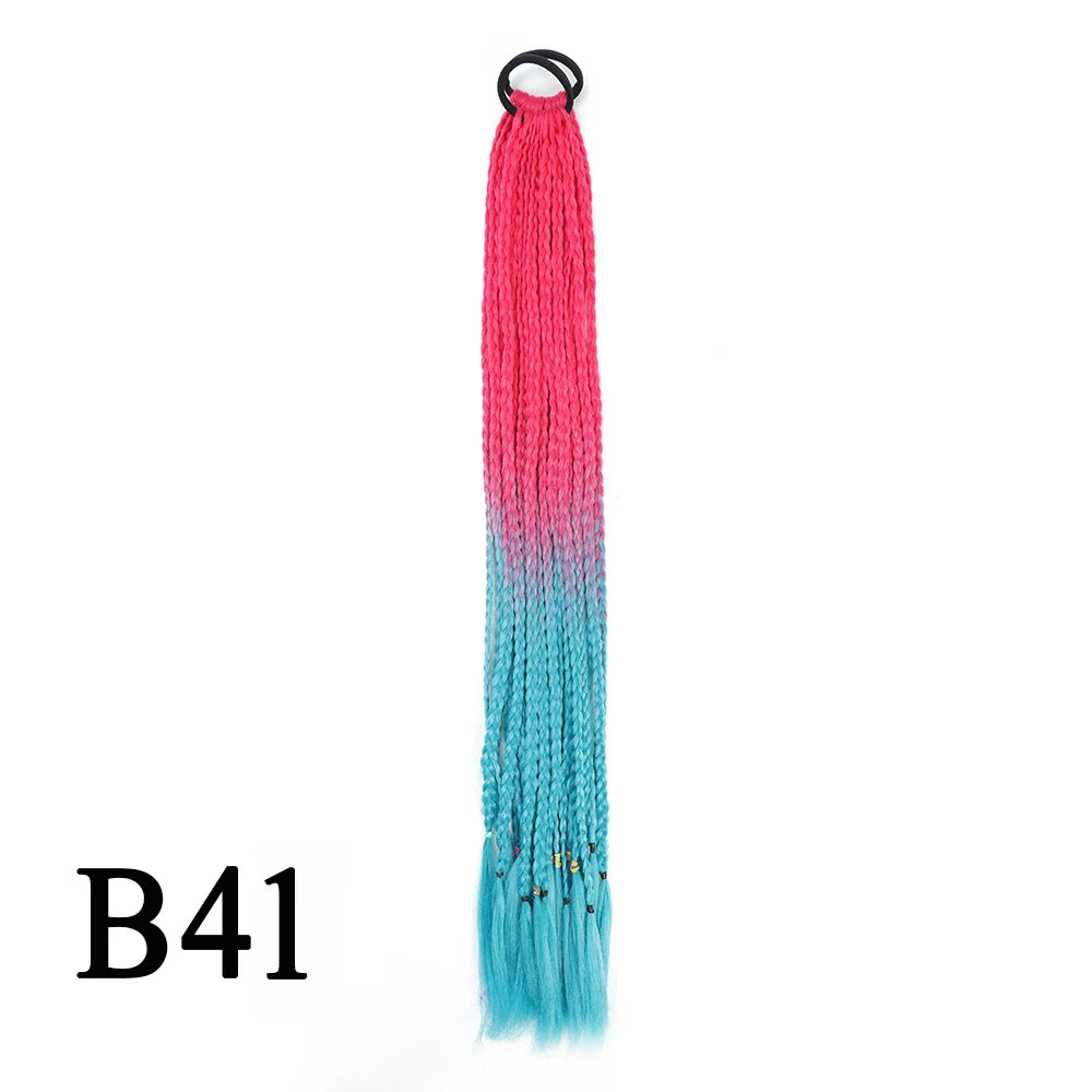 Synthetic 24 Inch Long Colored Box Braids Hair Ponytail With Rubber Bands Rainbow Twist Braided Highlights Ponytail For Women