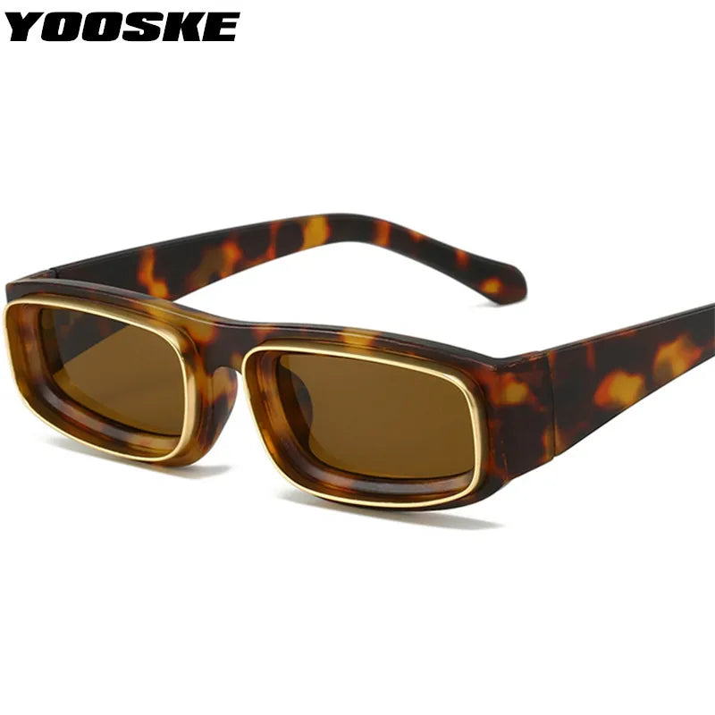 Rectangle tortoiseshell sunglasses with gold inner-rims and brown lenses.