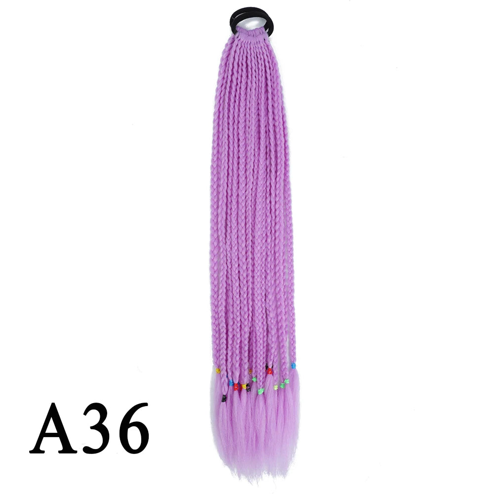 Synthetic 24 Inch Long Colored Box Braids Hair Ponytail With Rubber Bands Rainbow Twist Braided Highlights Ponytail For Women