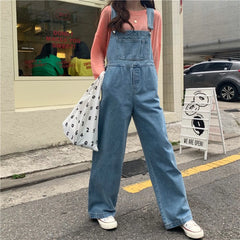 Jeasn Women Denim Overalls Y2k Korean Style Spaghetti Strap Retro Jumpsuits With Pockets Oversized Buttoned Wide Leg Playsuits