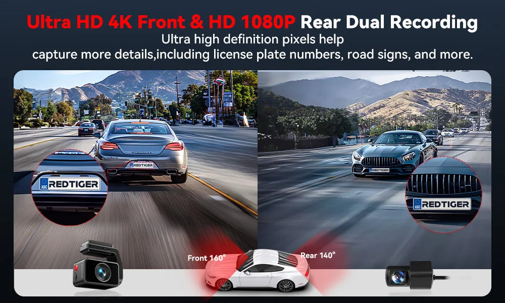 REDTIGER  A4 4k Dash Cam Front and Rear Drive Recorder GPS& 5G WiFi Touch Screen Night Vision 24H Parking Mode Voice Control