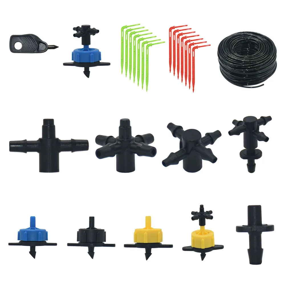 Juego de riego por goteo con flecha curva para invernadero en maceta 2L4L8L Gotero con compensación de presión Conector de manguera de 1/2/4 vías de 3/5 mm