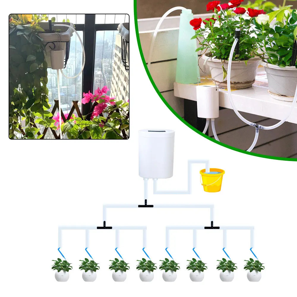A self-watering system diagram showing a water pump and irrigation lines feeding 7 small potted plants.