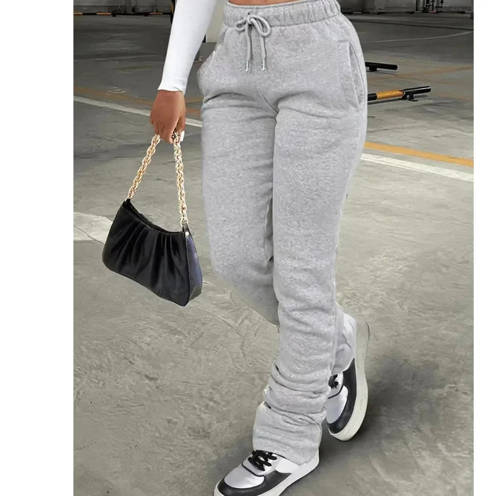 HLJ&GG Spring New Drawstring Jogger Pants Women High Waisted Stacked Trousers Casual Female Solid Color Matching Sporty Bottoms
