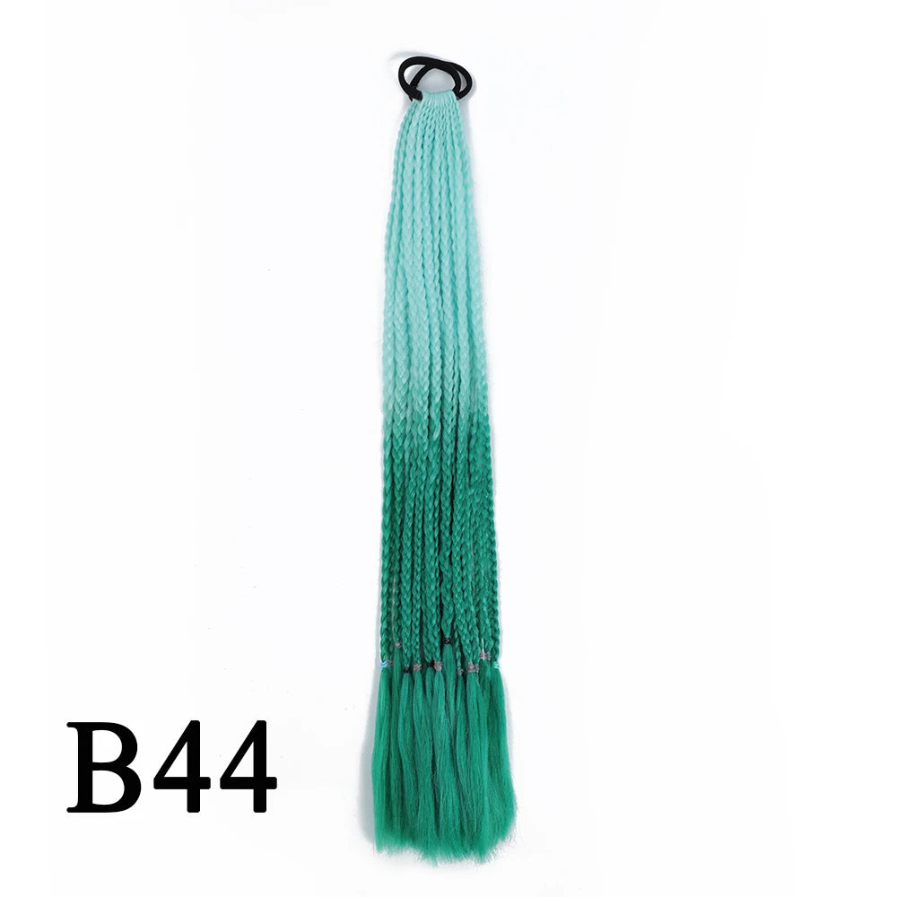 Synthetic 24 Inch Long Colored Box Braids Hair Ponytail With Rubber Bands Rainbow Twist Braided Highlights Ponytail For Women