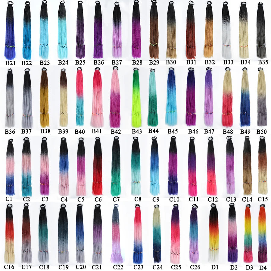 Synthetic 24 Inch Long Colored Box Braids Hair Ponytail With Rubber Bands Rainbow Twist Braided Highlights Ponytail For Women