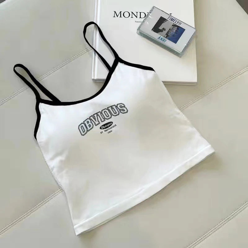 2024 Summer Letter Printing Tops Spaghetti Camisole Women With Padded Bra Crop Tops O-Neck Solid Crop Tops Y2k Sports Short Vest