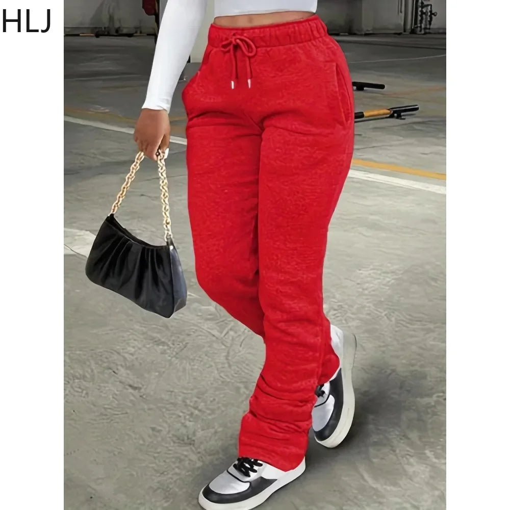 HLJ&GG Spring New Drawstring Jogger Pants Women High Waisted Stacked Trousers Casual Female Solid Color Matching Sporty Bottoms