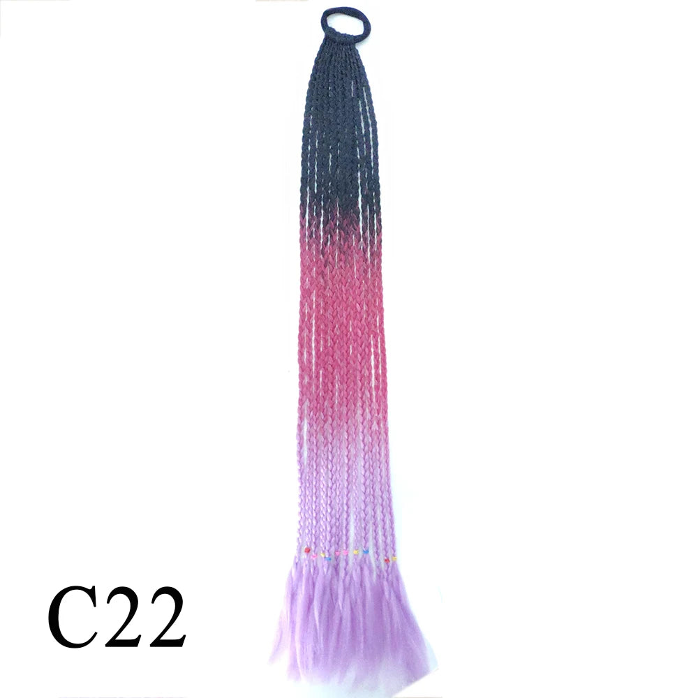Synthetic 24 Inch Long Colored Box Braids Hair Ponytail With Rubber Bands Rainbow Twist Braided Highlights Ponytail For Women