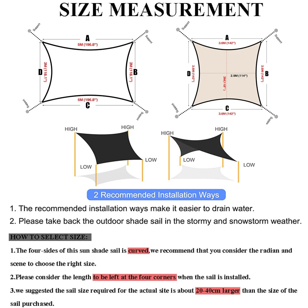 Toldo vela de sombra impermeable de gran tamaño de 5 x 3 m/4 x 3 m, protección solar para exteriores, jardín, patio, piscina, red de sombra para acampar