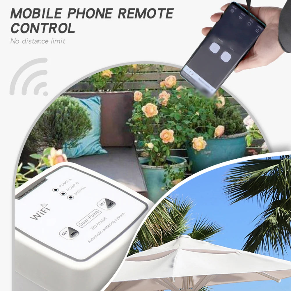 Dispositivo de riego inteligente WIFI, sistema de riego por goteo automático temporizado con doble bomba, controlador de aplicación remoto para plantas de jardín y flores
