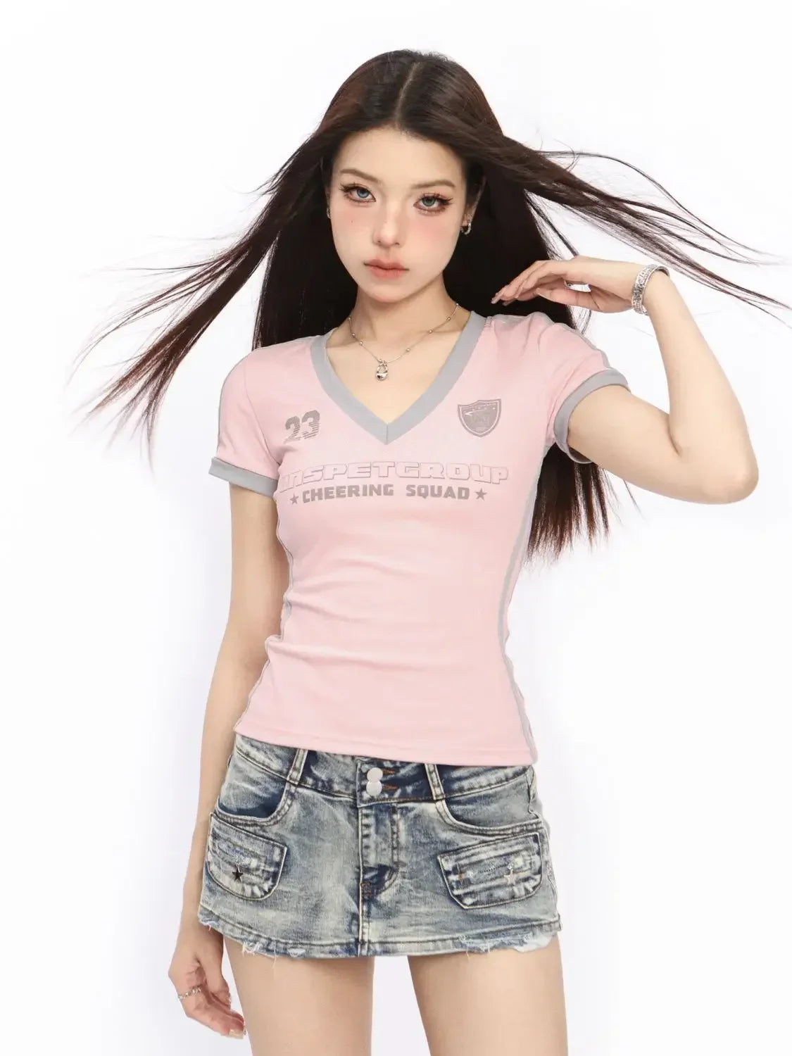 Y2K Patchwork Streetwear T Shirts Women American Retro Letter Design Sexy V-neck Slim Skinny Tee Tops E-girl Sporty Korean Style