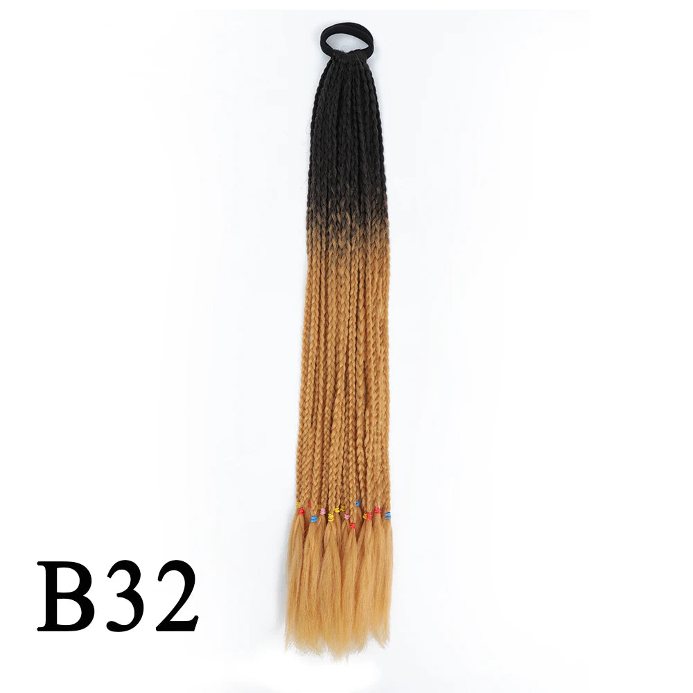 Synthetic 24 Inch Long Colored Box Braids Hair Ponytail With Rubber Bands Rainbow Twist Braided Highlights Ponytail For Women