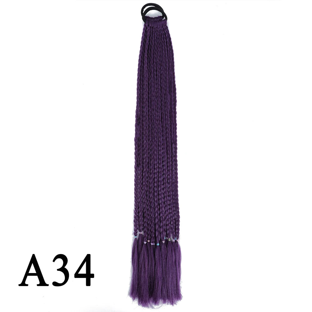 Synthetic 24 Inch Long Colored Box Braids Hair Ponytail With Rubber Bands Rainbow Twist Braided Highlights Ponytail For Women