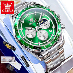 Jarreims Emporium: OLEVS green face silver metal chronograph watch.