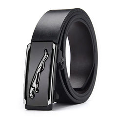 Black leather belt with silver jaguar design auto buckle.