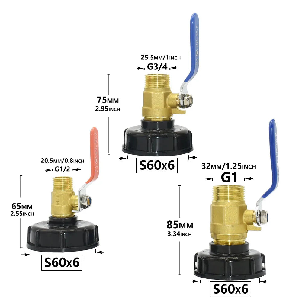 Adaptador de grifo para tanque IBC con rosca S60 x 1/2 3/4 de 1 pulgada, conexión rápida para manguera de jardín, válvula de tanque de aleación