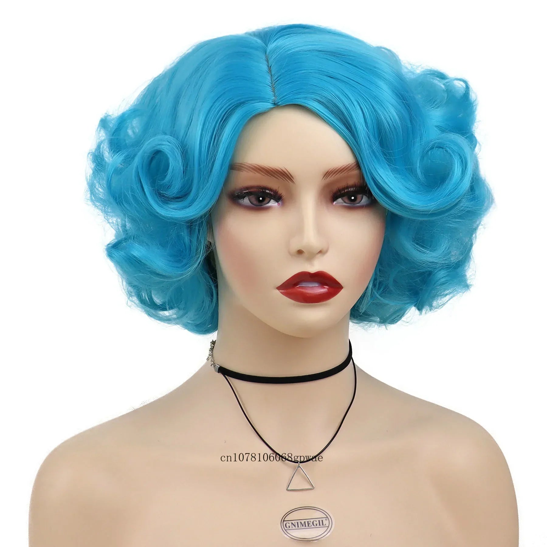 Synthetic Blue Wigs Cosplay Halloween Party Carnival Use Short Curly Wig for Women Natural Fluffy Hair Side Parting Hairstyle