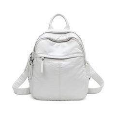 Front view of a small white faux leather backpack.