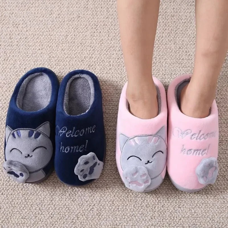 Pantuflas cálidas de invierno para mujer, zapatos de gato de dibujos animados, pantuflas peludas de felpa, zapatos planos de punta redonda, pantuflas de piso para el dormitorio y el hogar para mujer