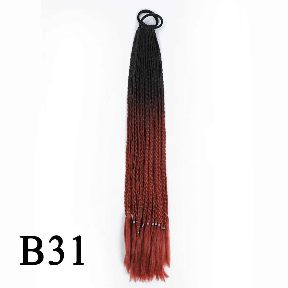 Synthetic 24 Inch Long Colored Box Braids Hair Ponytail With Rubber Bands Rainbow Twist Braided Highlights Ponytail For Women