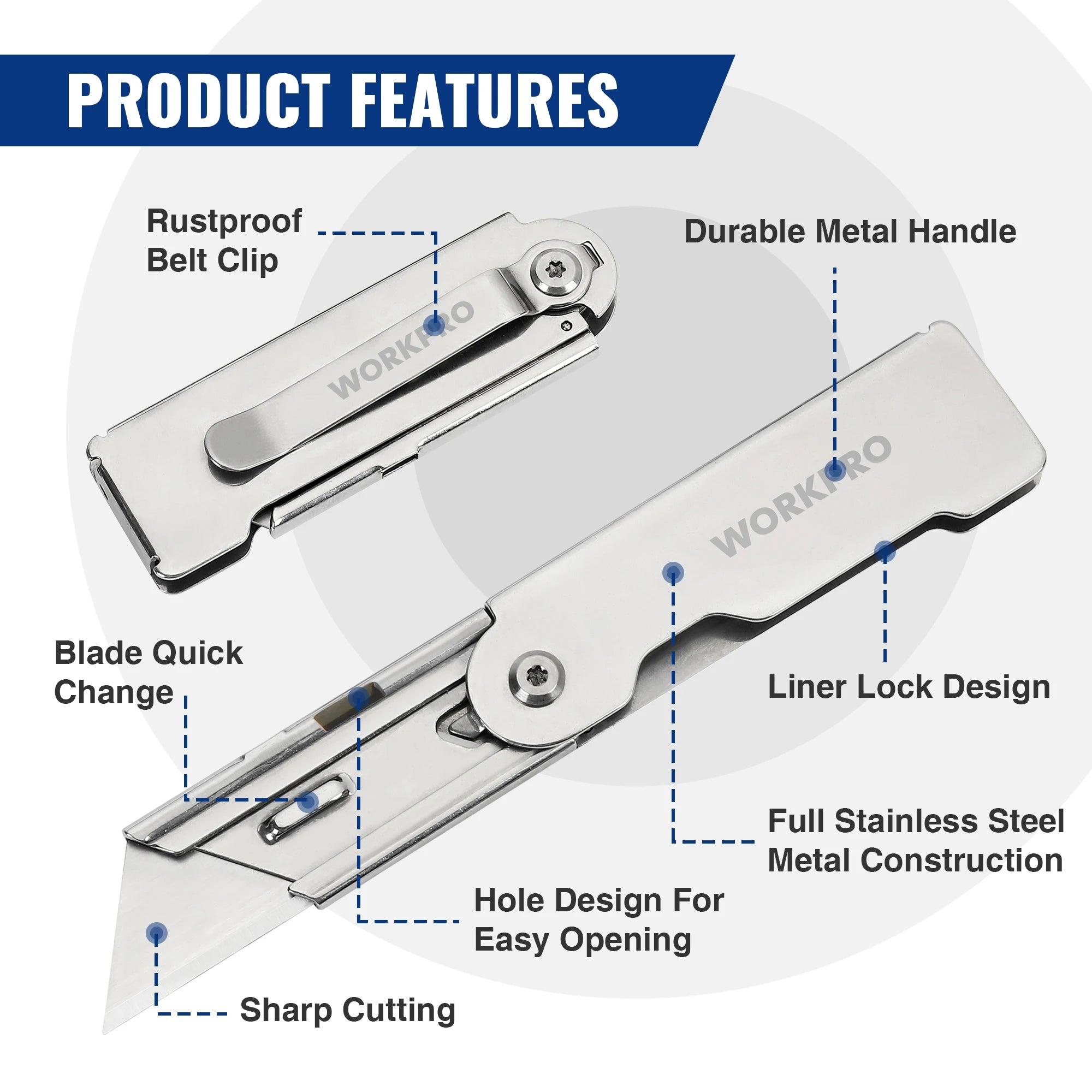 WORKPRO 3pcs Folding Utility Knife Stainless Steel Quick Realse Pocket Knife with Belt Clip Sharp Blade General-Purpose Cutting