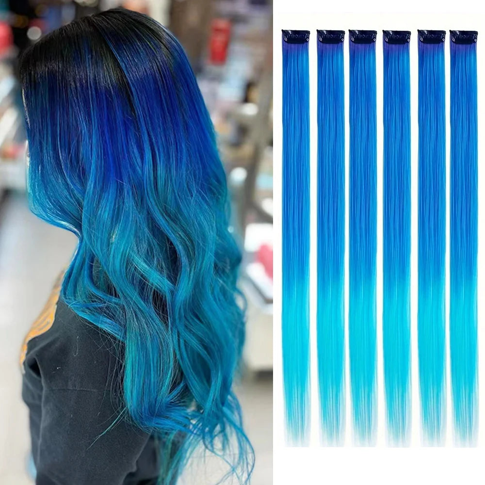Clip in Hair Extensions Colored Party Highlights 22 inches 6pcs/pack Multi-colors Straight Hair Synthetic Hairpieces Royal Blue