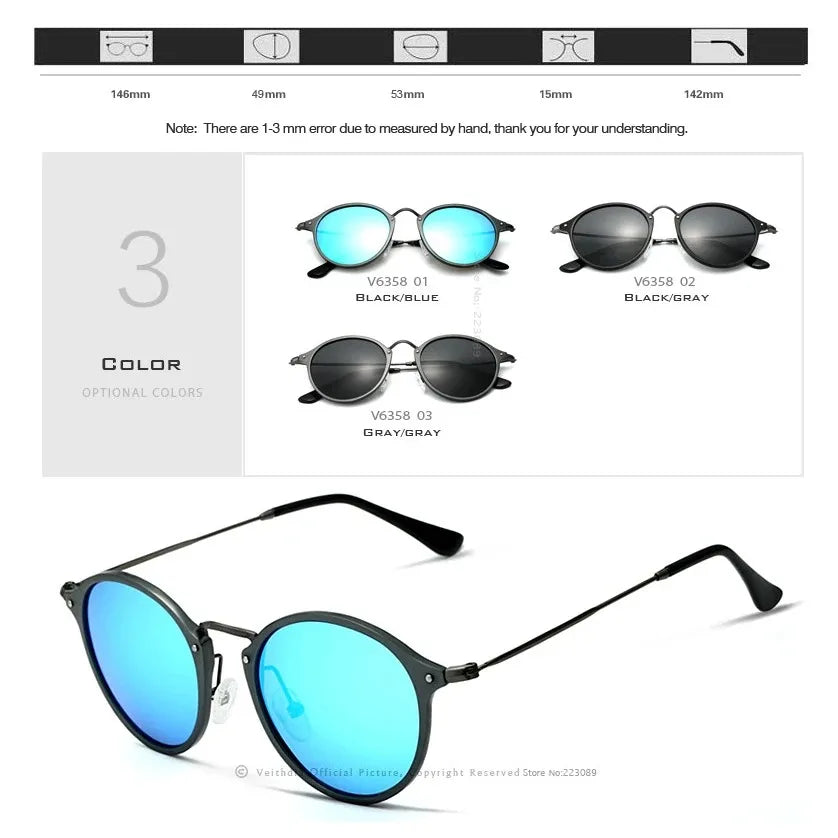 VEITHDIA Men Sunglasses Fashion Round Unisex Sun Glasses Polarized Coating Mirror Sports Driving Male Eyewear For Women 6358