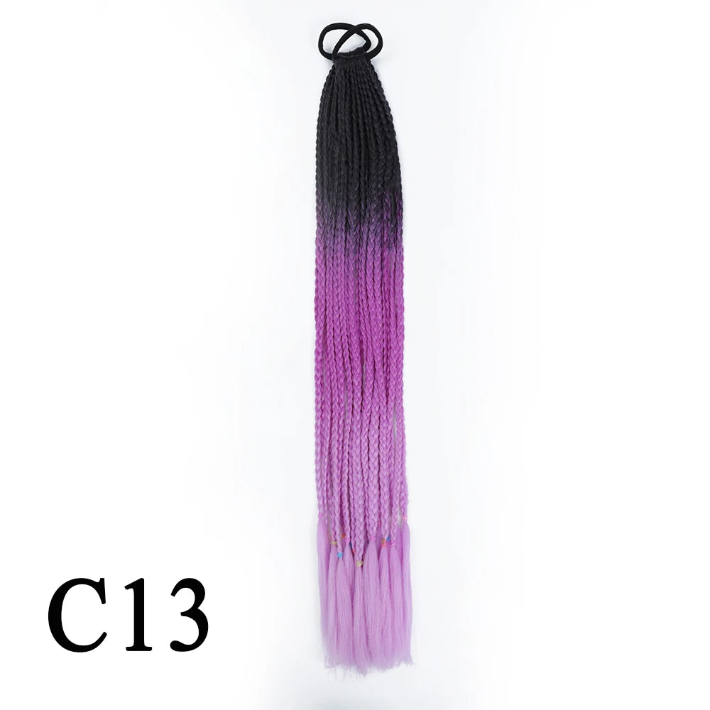 Synthetic 24 Inch Long Colored Box Braids Hair Ponytail With Rubber Bands Rainbow Twist Braided Highlights Ponytail For Women