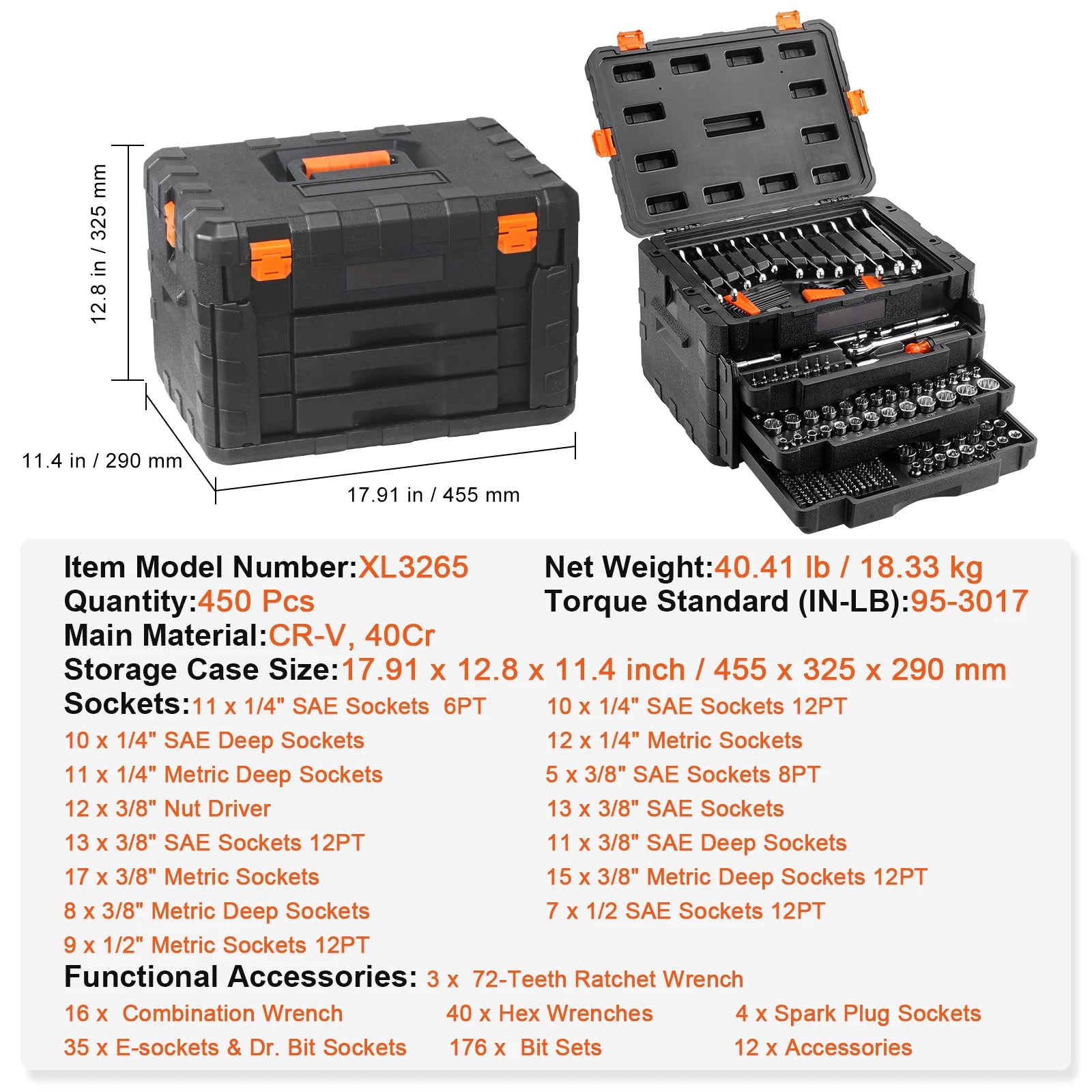 SucceBuy Mechanics Tool Set and Socket Set 1/4" 3/8" 1/2" Drive Deep Standard Sockets 450 Pcs SAE and Metric Mechanic Tool Kit