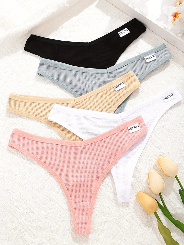 5Pcs Women Cotton Waffle Style G-string Panties Ladies Soft Thongs Female S-XL Low-Rise T-Back Panties Bikini Underwear 2024