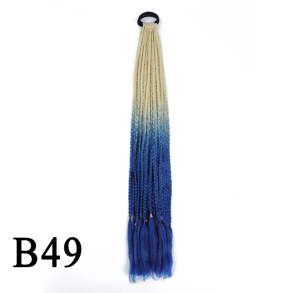 Synthetic 24 Inch Long Colored Box Braids Hair Ponytail With Rubber Bands Rainbow Twist Braided Highlights Ponytail For Women