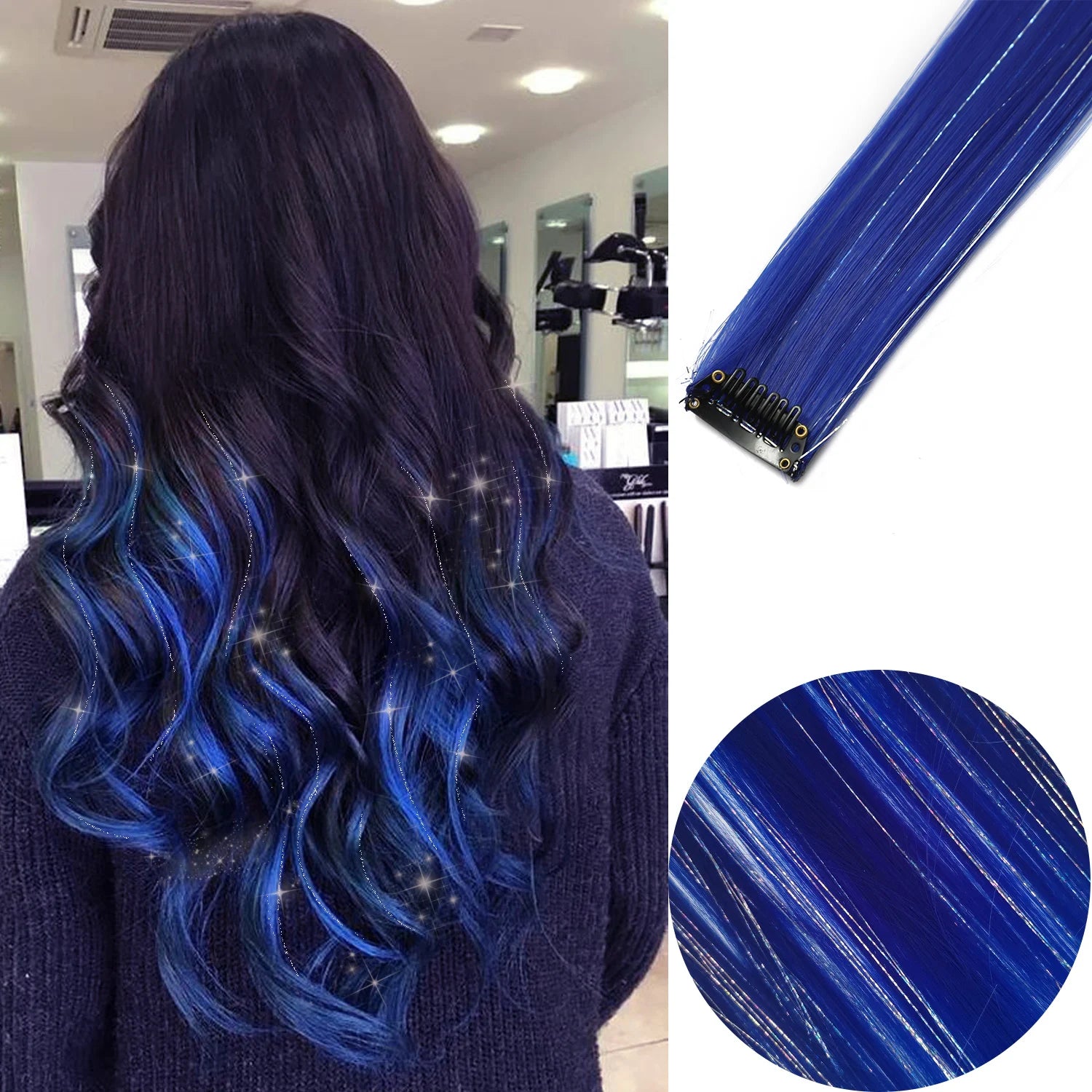 Clip in Hair Extensions Colored Party Highlights 22 inches 6pcs/pack Multi-colors Straight Hair Synthetic Hairpieces Royal Blue