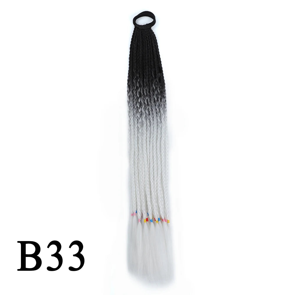Synthetic 24 Inch Long Colored Box Braids Hair Ponytail With Rubber Bands Rainbow Twist Braided Highlights Ponytail For Women
