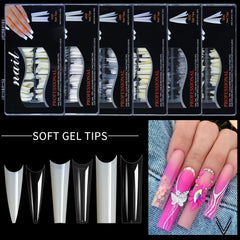 Soft gel nail tips in 5 boxes, 5 shapes, and pink manicured nails.