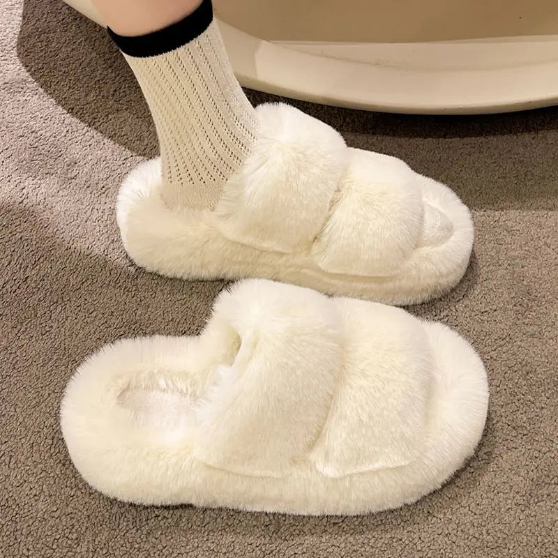 Pantuflas mullidas de invierno para mujer 2024, nuevas pantuflas de piel para el hogar para mujer, plataforma plana, cómodas y peludas, zapatos de interior, chanclas coreanas
