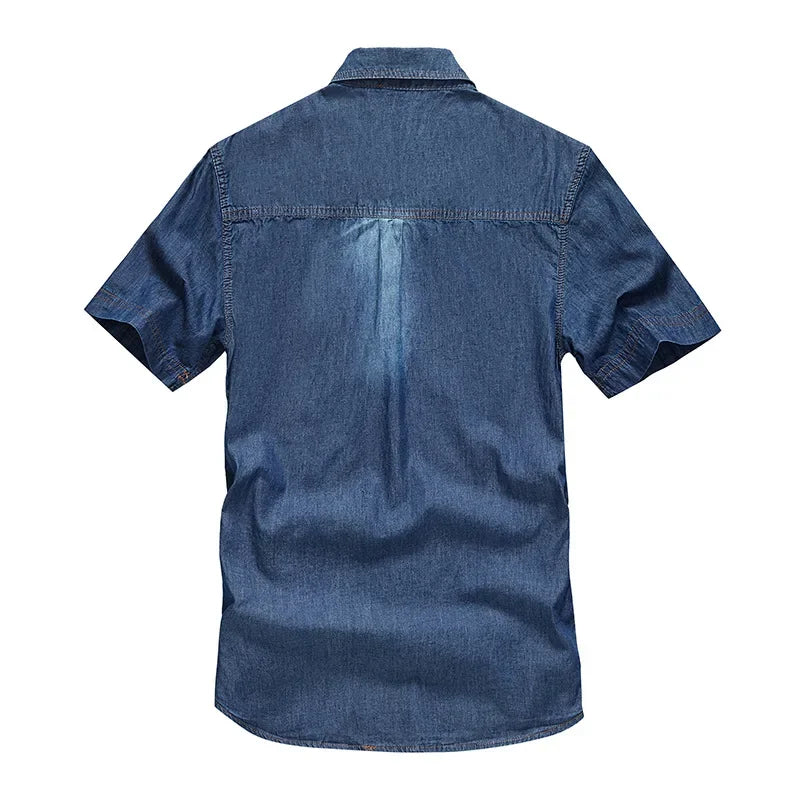 Herren Denim Shirt mit mehreren Taschen, neue Sommer-Kurzarm-Jeanshemden in Blau, hohe Qualität, Herren-Freizeithemden aus Baumwolle, Größe 5XL