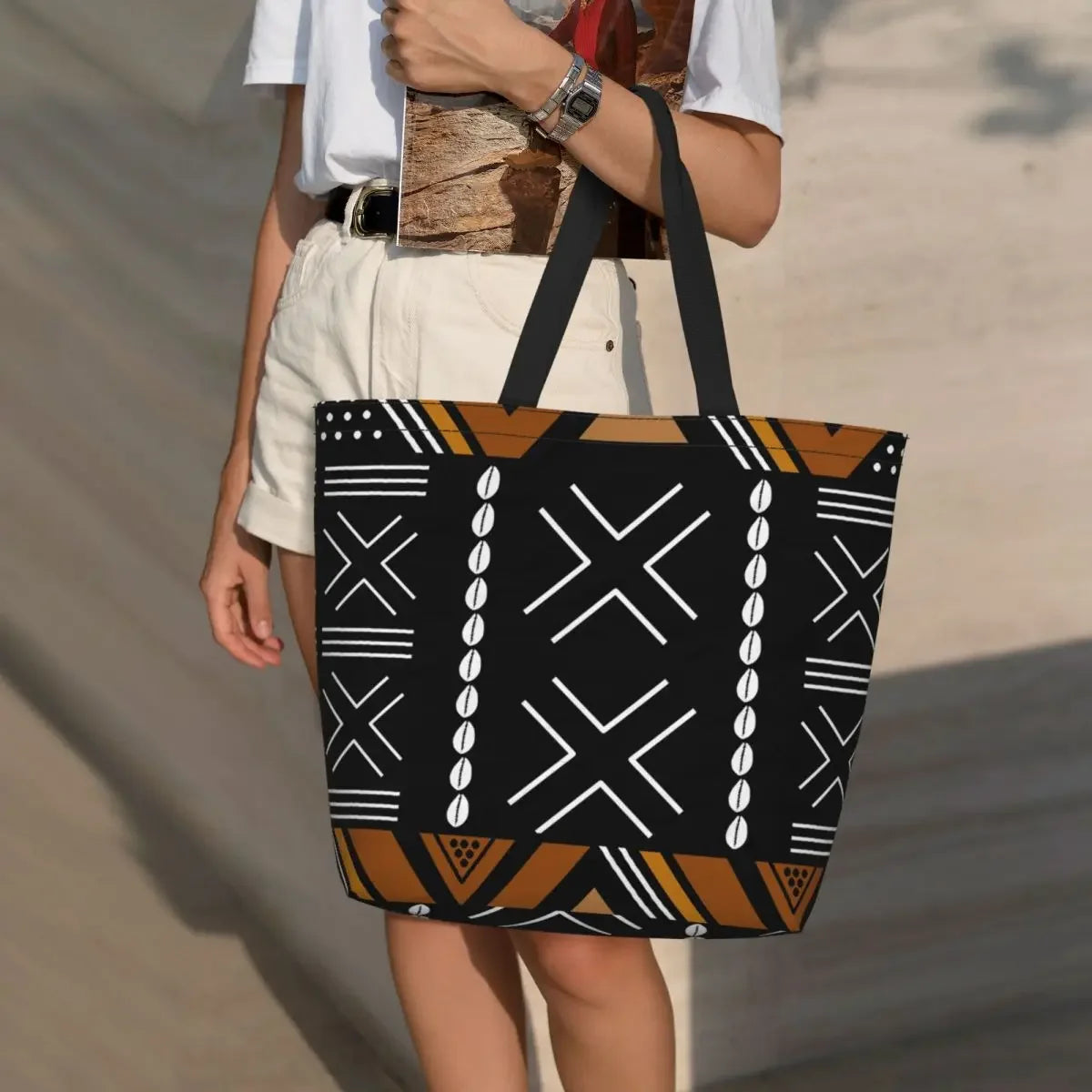 Bolsa de compras con diseño de bogolan de tela de barro africano, bolsa de lona para el hombro, bolsas de compras duraderas con arte geométrico tribal