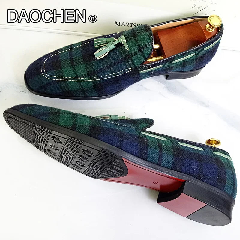 ZAPATOS MOCASINES DE LUJO PARA HOMBRES, ZAPATOS DE ANTE CON BORLAS Y CUADROS VERDES Y NEGROS, ZAPATOS DE VESTIR CASUAL PARA HOMBRE, MOCASINES DE PIEL AUTÉNTICA PARA HOMBRES